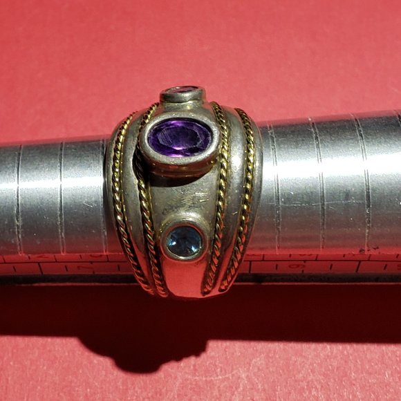 Vintage 925 14K Gold Over Purple Amethyst & Aquamarine Ring - Picture 3 of 6